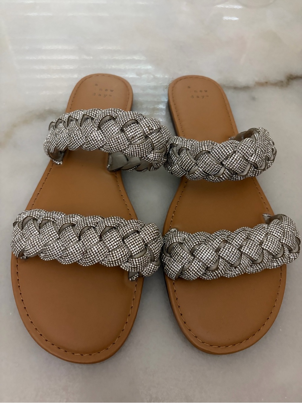 a new day Braided Double-Strap Slide Sandals in Silver and Tan
